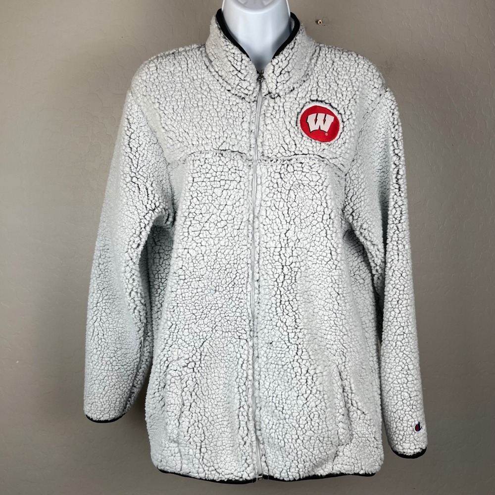 Wisconsin Badgers Champion Sherpa‎ Jacket Full Zip NCAA Gray Medium M